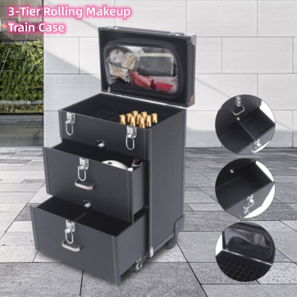 3-Tier Rolling Makeup Organizer Case with Wheels for Cosmetics & Nail Polish Storage