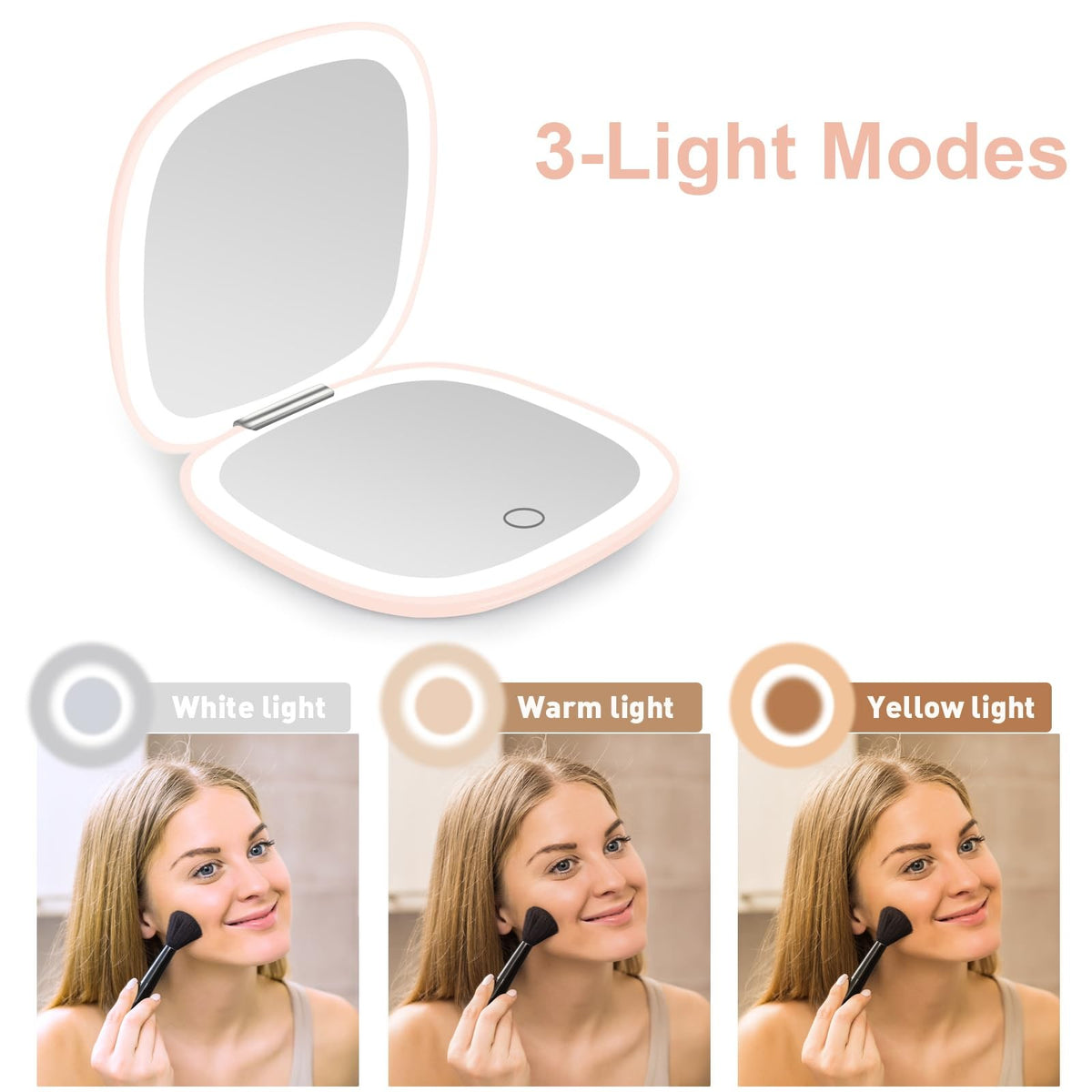 Lighted Travel Makeup Mirror with 1X/10X Magnification, Dimmable Double-Sided Pink