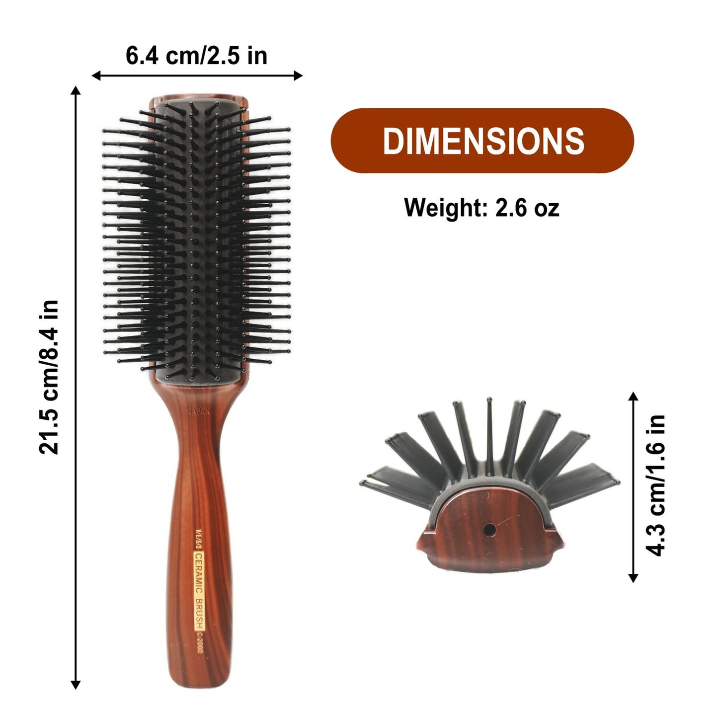Professional Tourmaline Ceramic Round Hair Brush - 9 Row Curved Pad