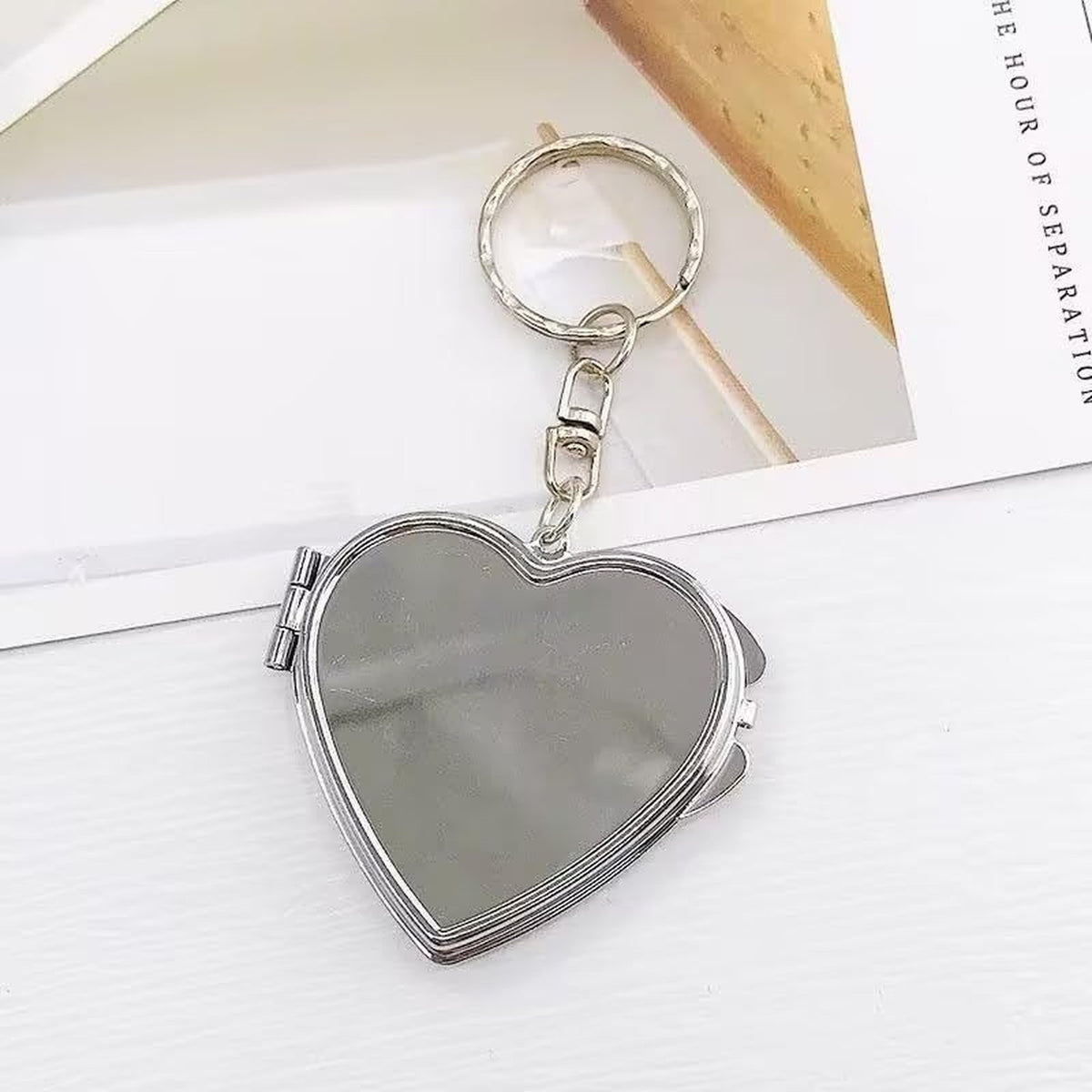 Silver Metal Heart-Shaped Pocket Mirror with Keychain - Travel & Makeup Accessory