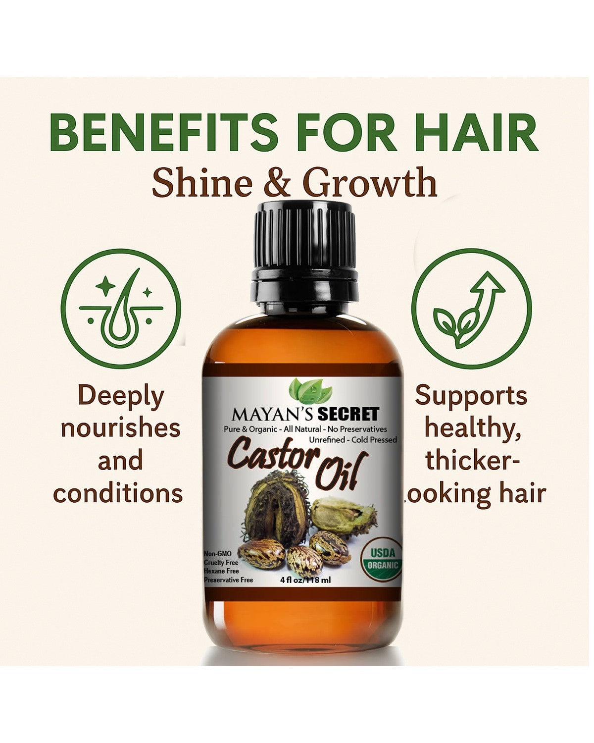 Organic Castor Oil for Hair & Lash Growth - 4oz Cold Pressed & Hexane-Free