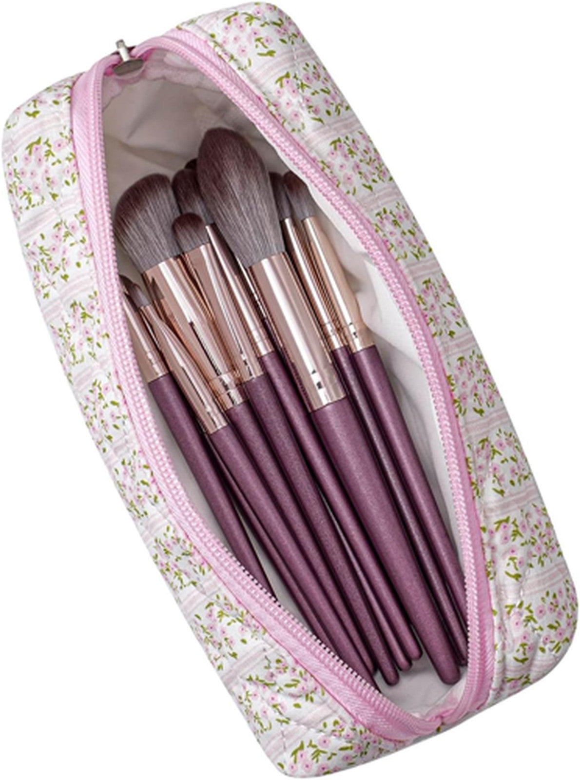Pink Floral Cotton Makeup Bag with Brush Organizer Travel Case