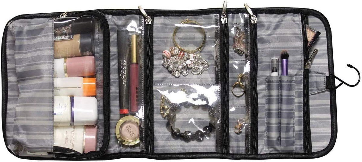 Travel Cosmetic Bag with 6 Clear Pockets and Hanging Hook - Black