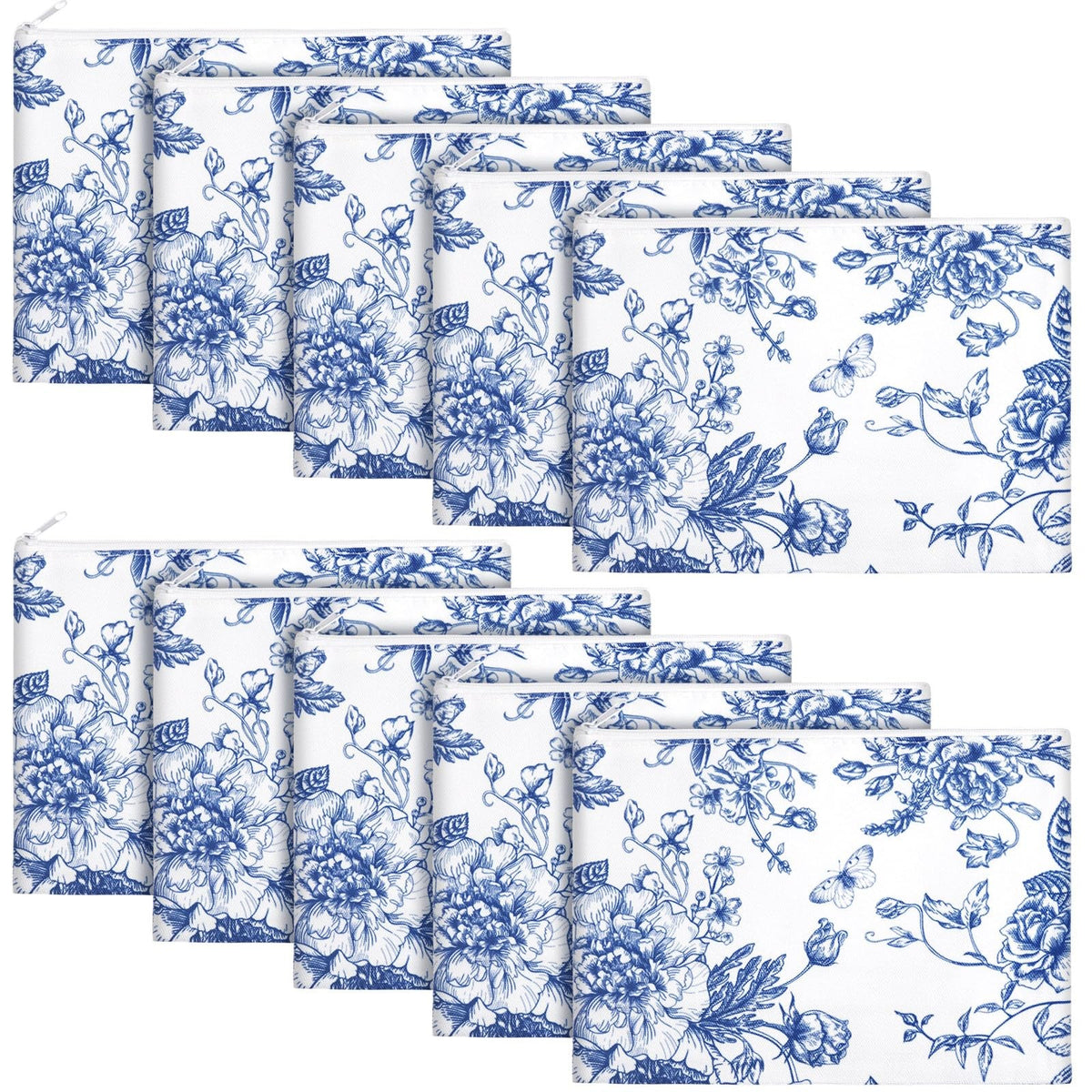 Floral Makeup Bags Set of 10 - Travel Cosmetic Organizer, Blue