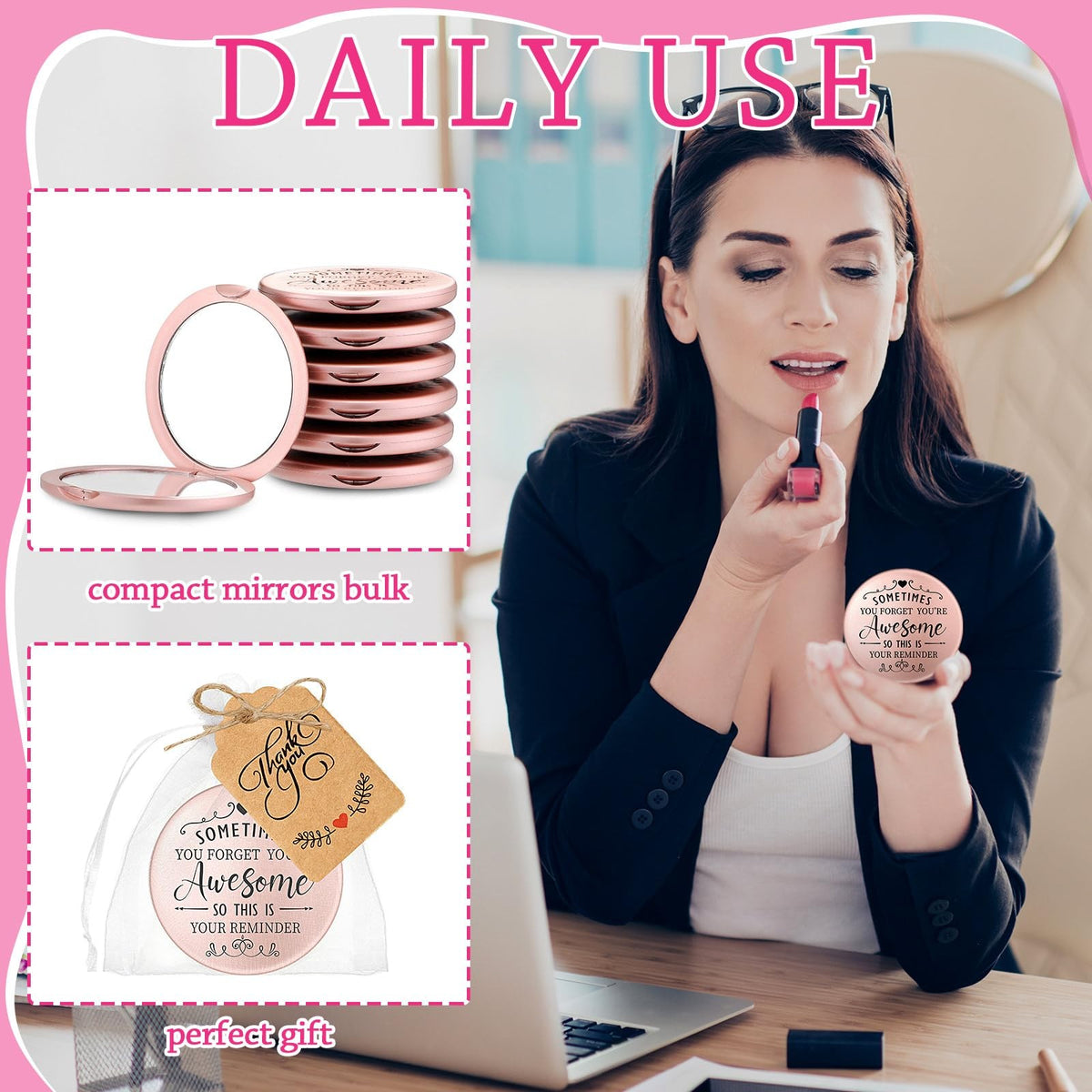 24-Piece Inspirational Compact Mirror Gift Set – Rose Gold Round Pocket Mirrors with Cards & Organza Bags