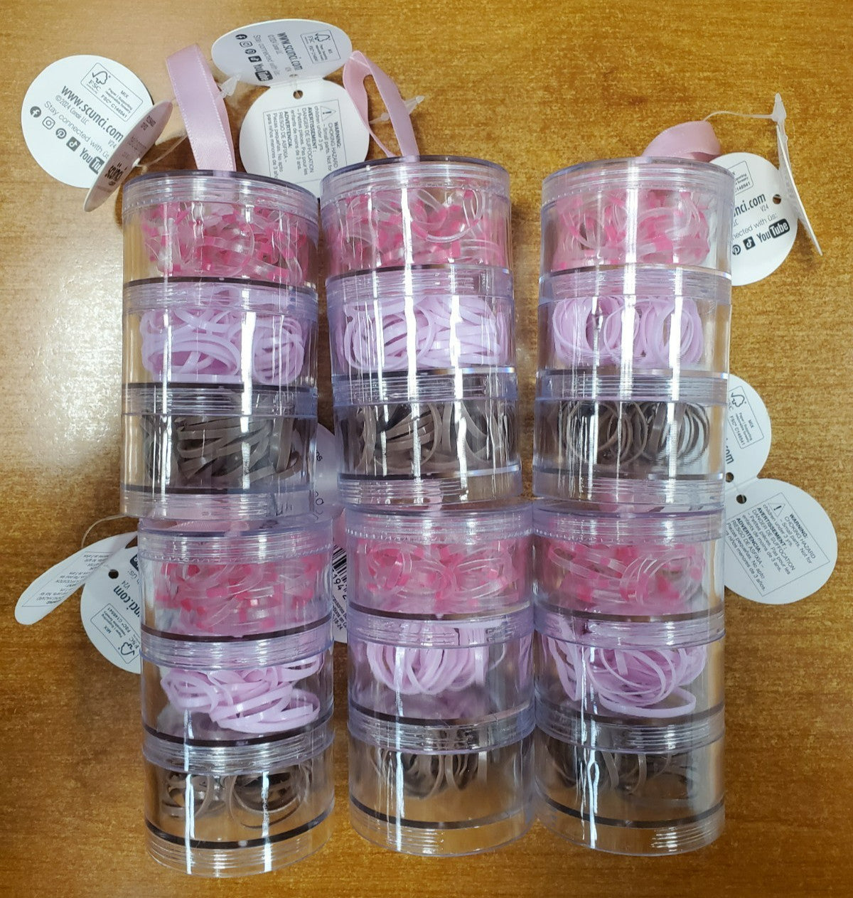 6 Tubes of 120: Scunci Poly Hair Bands *Pink/Brown* (6150) R9P6a