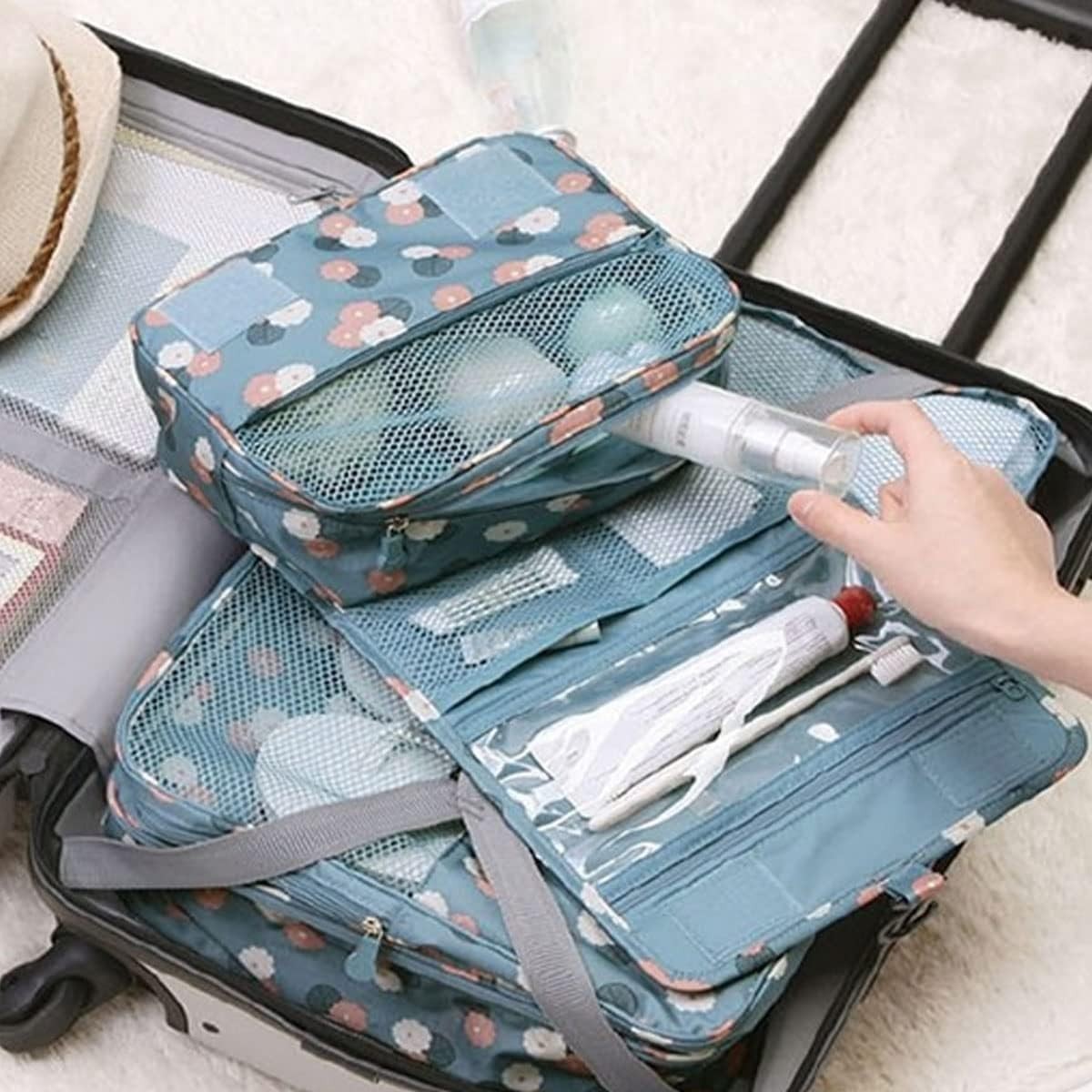 Compact Floral Travel Toiletry Bag with Multiple Compartments
