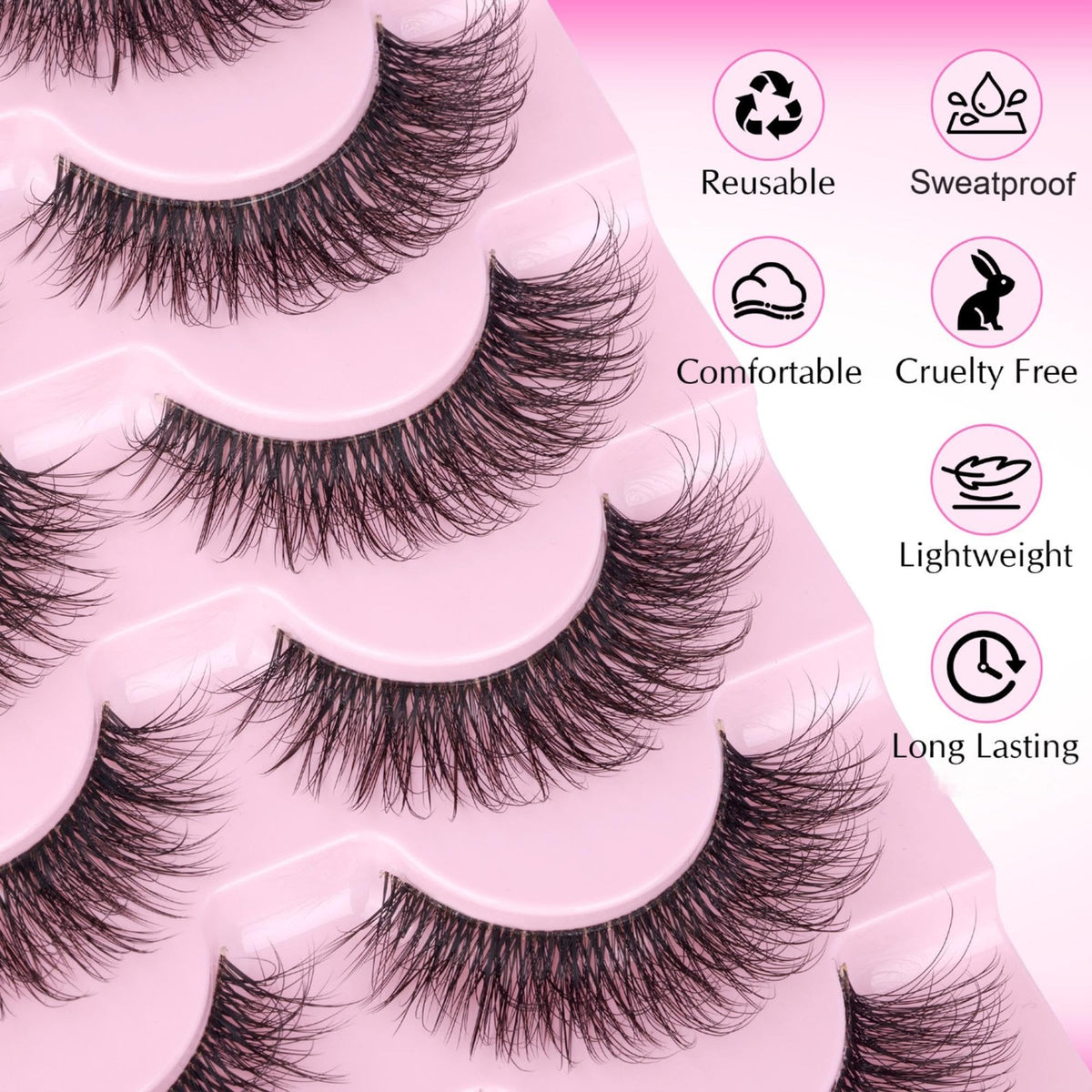 Wispy Faux Mink False Eyelashes with Clear Band - 7 Pairs, Black