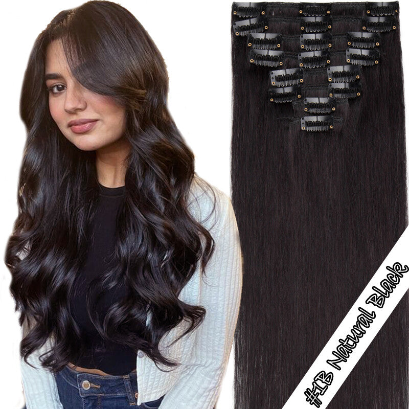 Clip-In Hair Extensions Full Head Set - 100% Remy Human Hair, Straight, Thick, Multiple Colors & Lengths