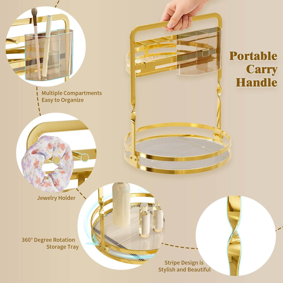 Rotating Makeup Organizer with 2-Tier Storage and Jewelry Hooks - Gold