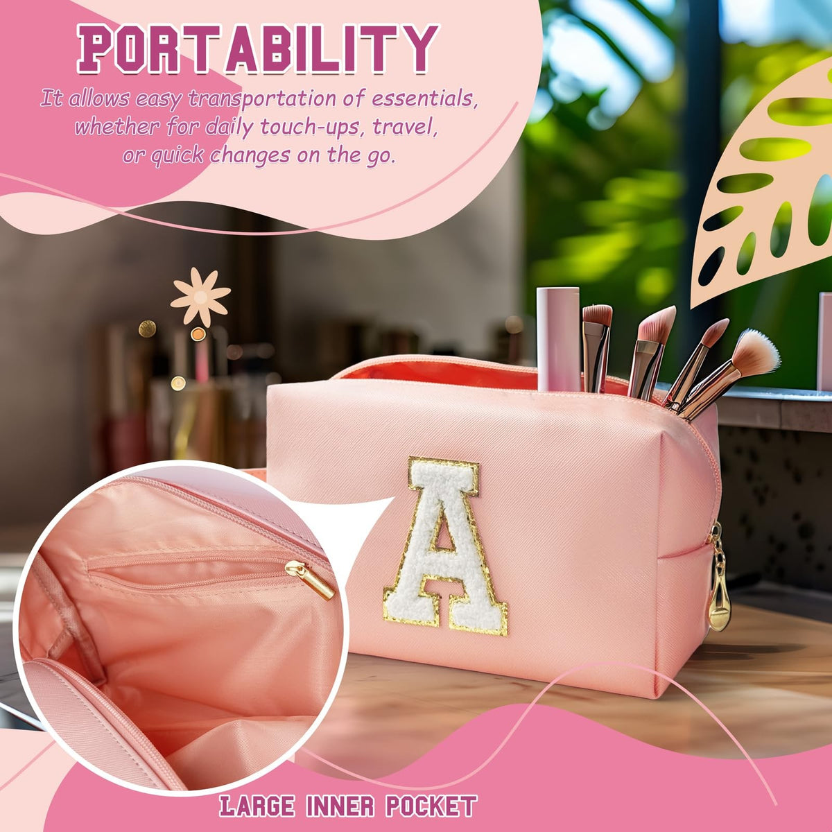 Personalized Initial Makeup Bag with Handle - Waterproof PU Leather Cosmetic Organizer