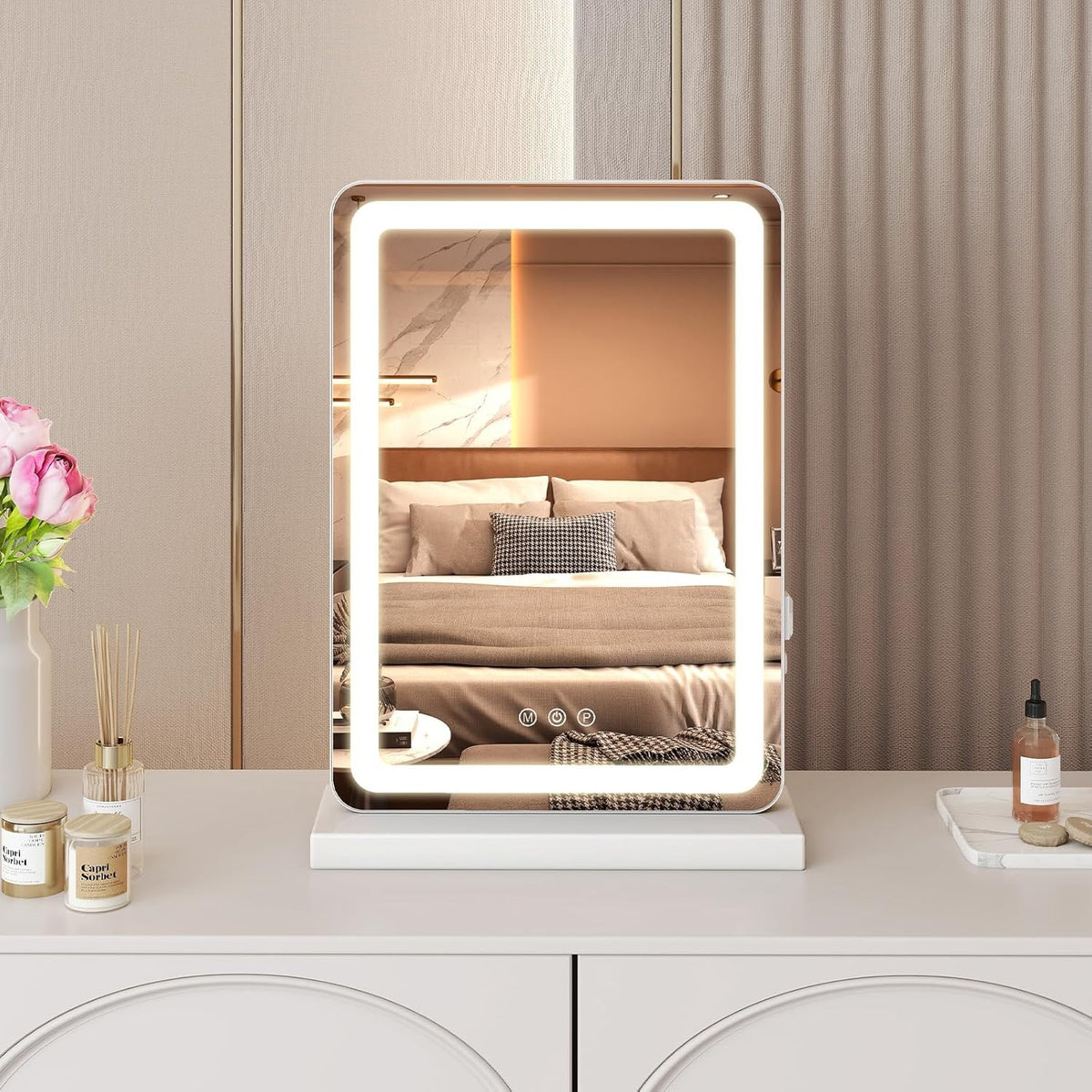 LED Vanity Mirror for Desk with Dimmable 3 Color Modes, Memory Function & USB Charging