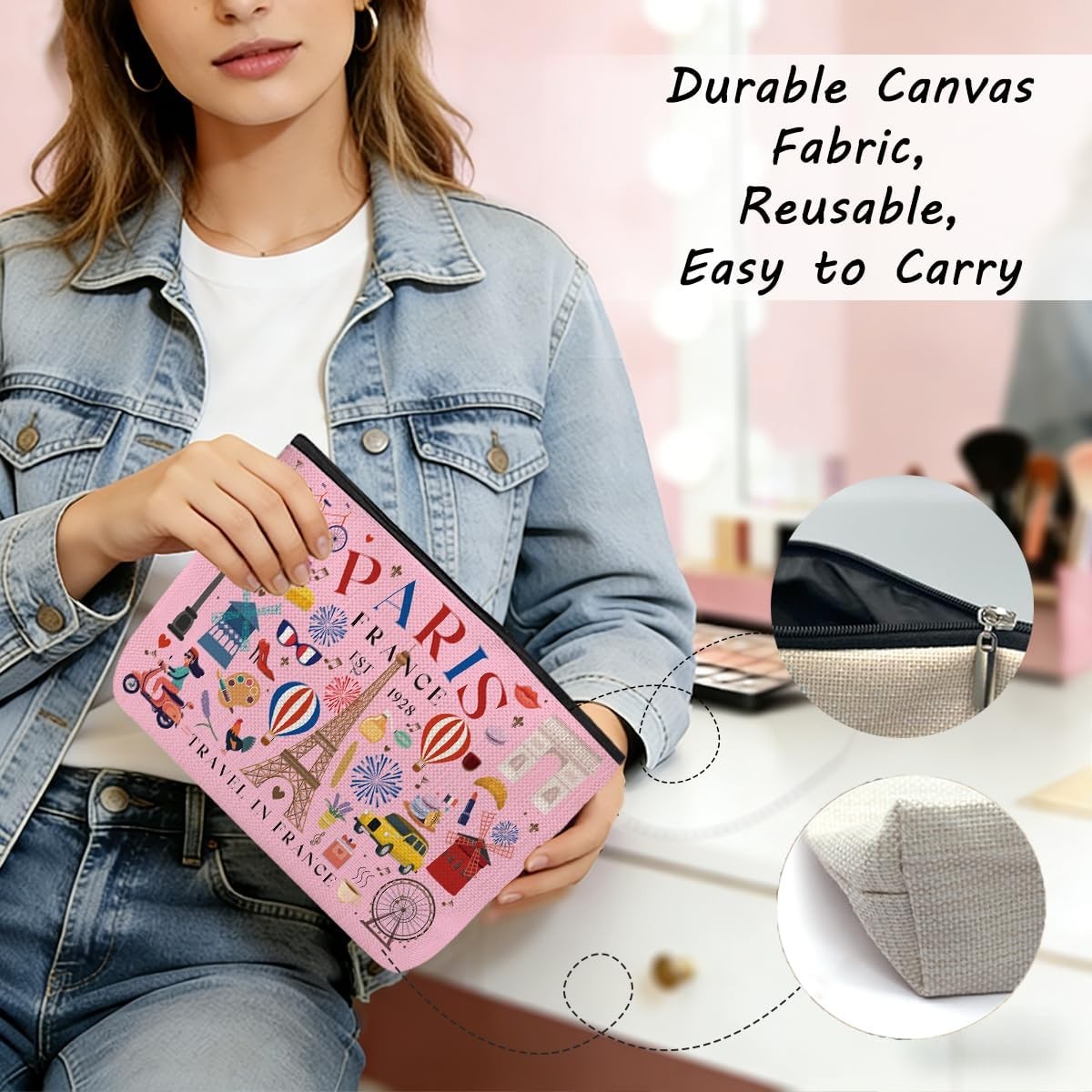 4 Pack Travel Makeup Bags for Women - Paris Lover Gift Set