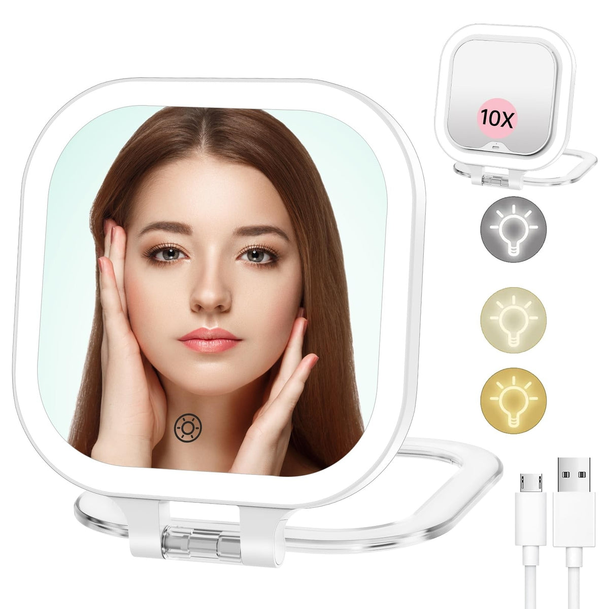 Rechargeable 10X Magnification Travel Makeup Mirror with LED Light