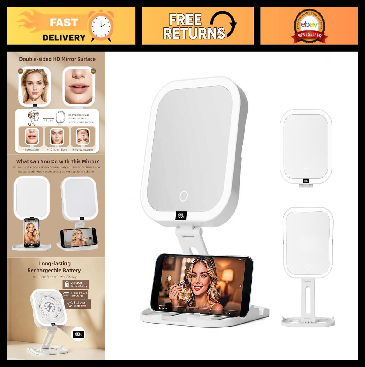Travel Makeup Mirror with 1X/10X Magnification, Dimmable LED Touch Screen, Rechargeable