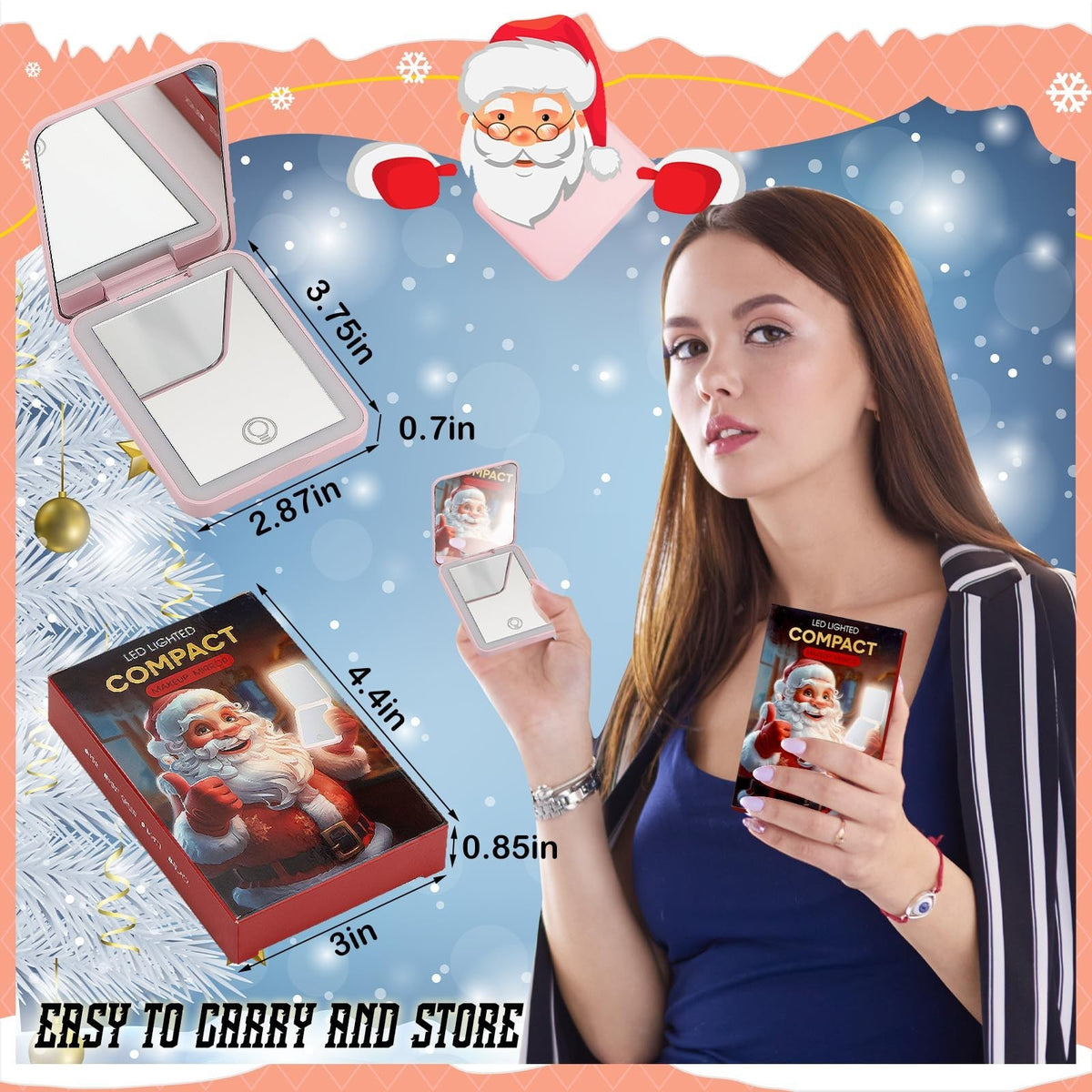 LED Travel Compact Mirror with Gift Box - Dimmable Touch Screen, Pink