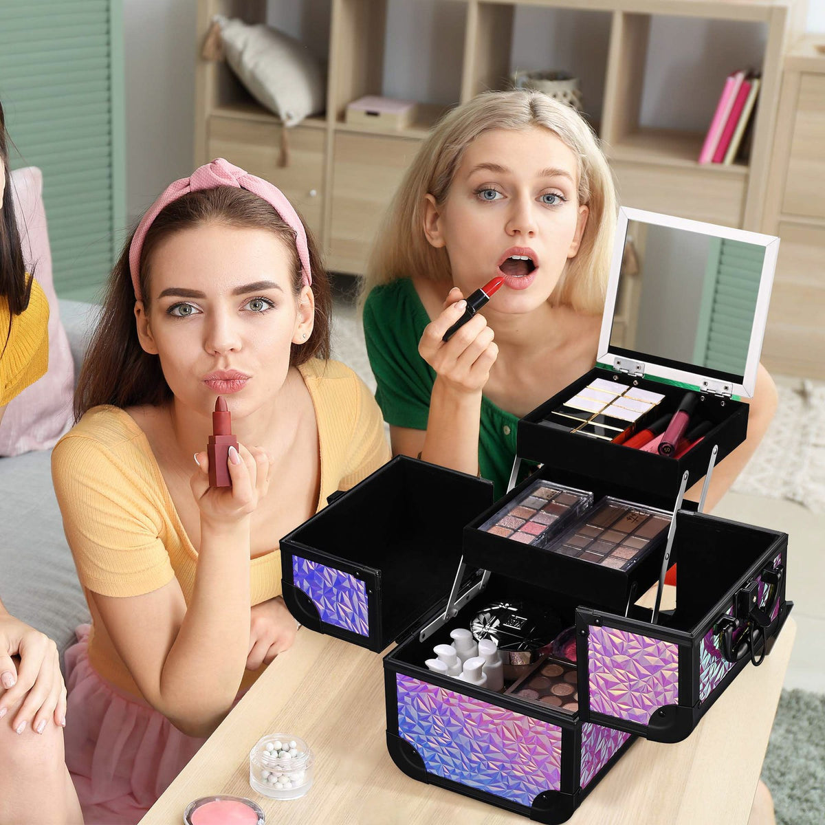 Mermaid Pink Makeup Train Case with Extendable Trays and Mirror