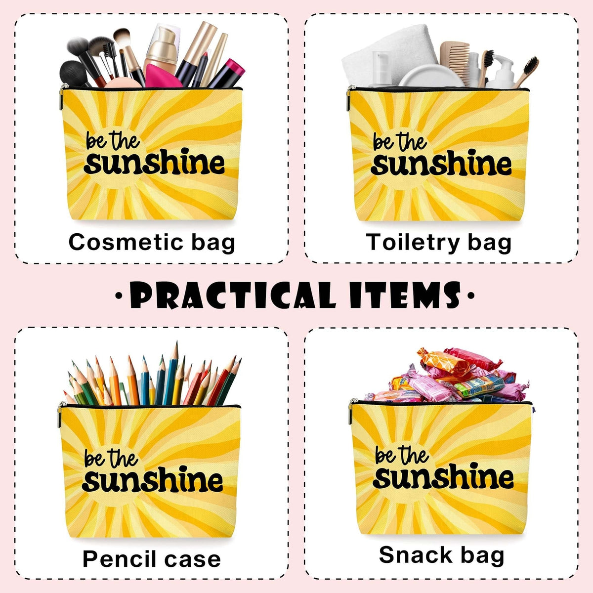 Yellow Boho Makeup Bag Cosmetic Organizer - Waterproof Canvas Travel Case