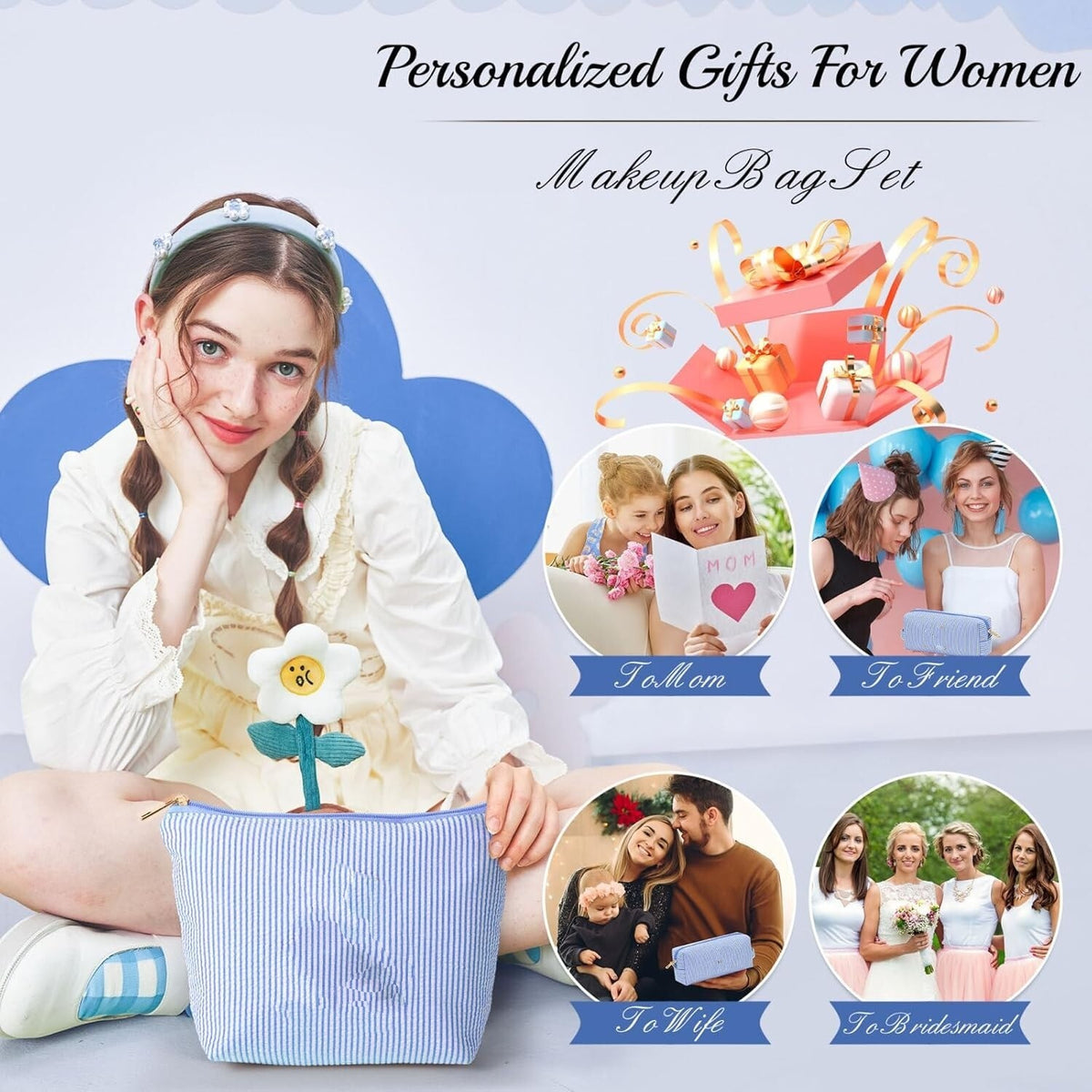 Personalized Initials Makeup Bag - Travel Cosmetic Case for Women and Teens