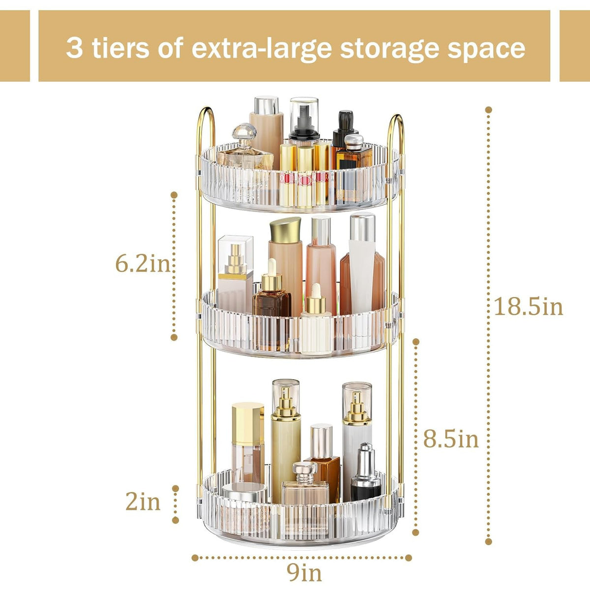 Rotating Makeup Organizer for Vanity, 3 Tiers, Clear, Adjustable Storage