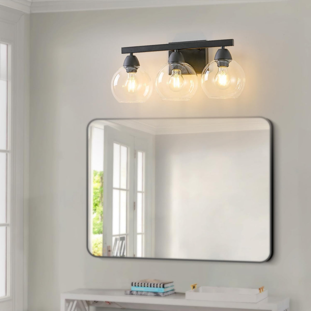 3-Light Black Vanity Light Fixture with Hand-Blown Glass Shades for Bathroom