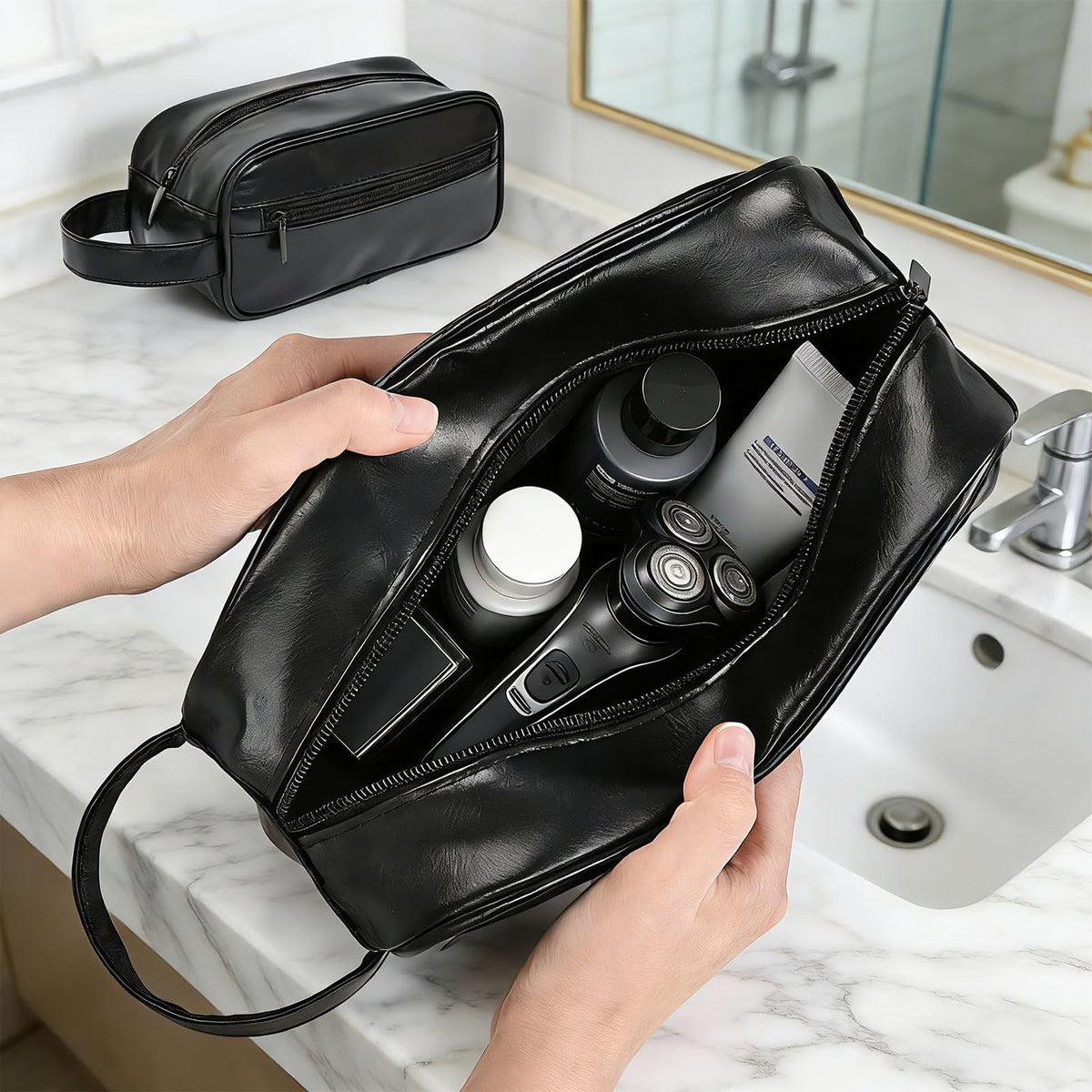 Men's Travel Toiletry Bag Free-Standing Organizer, Water-Resistant PU Leather