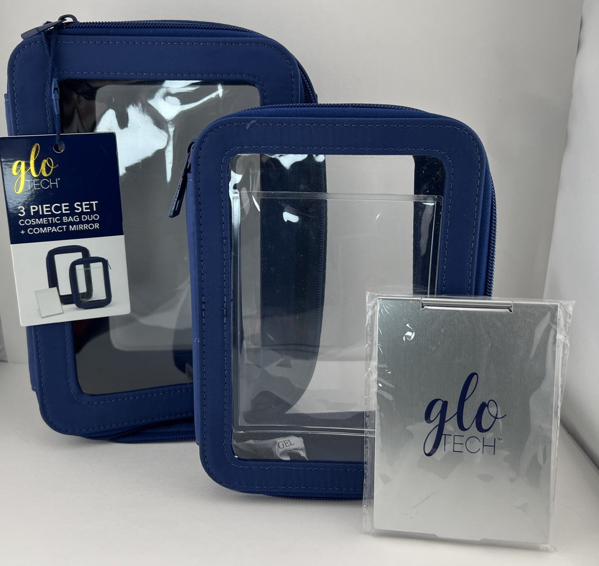 Navy Blue 3-Piece Cosmetic Bag Set with Compact Mirror – Travel Toiletry Organizer
