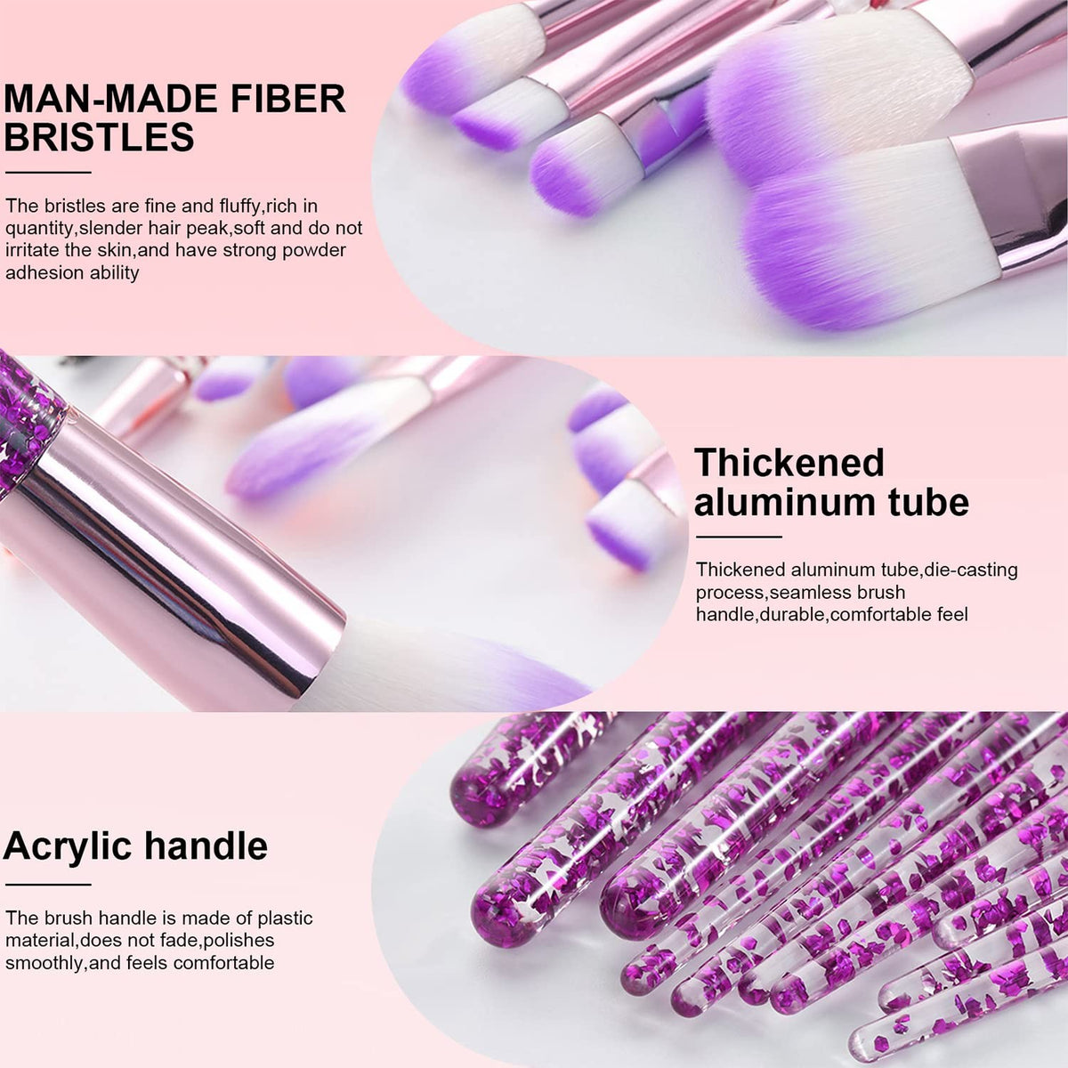 10-Piece Makeup Brush Set with Glitter Handle for Foundation Blush & Eyeshadow