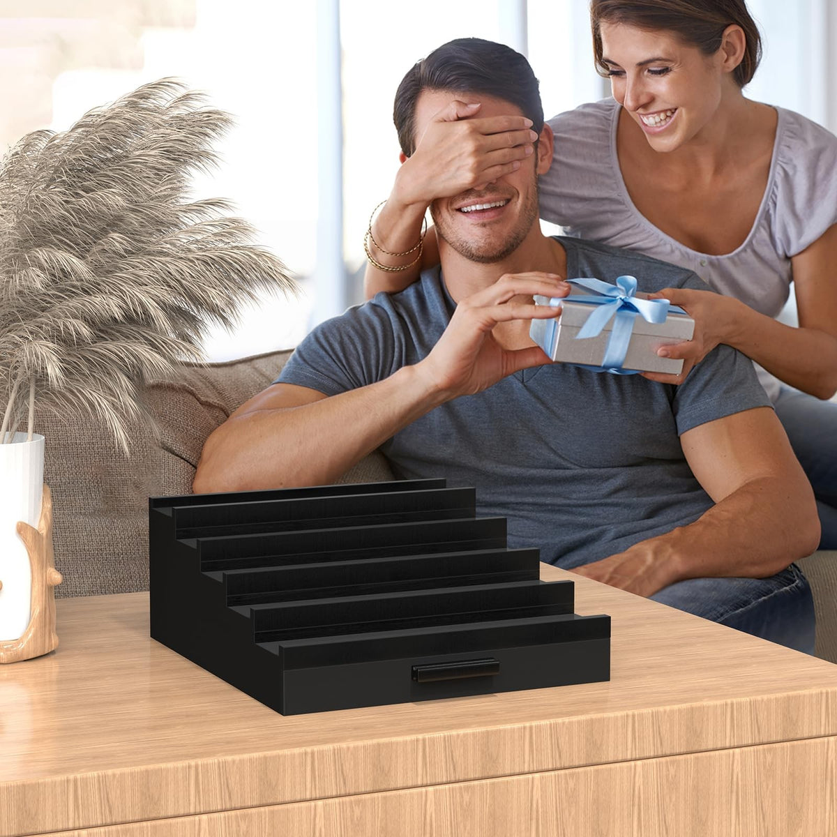 Men's 5-Tier Wooden Cologne Organizer with Hidden Compartments – Black