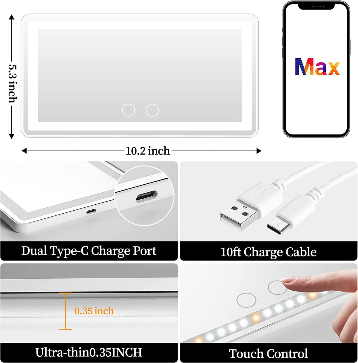 Rechargeable Car Sun Visor Vanity Mirror with LED Lights & Dimmable Bicolor Lighting
