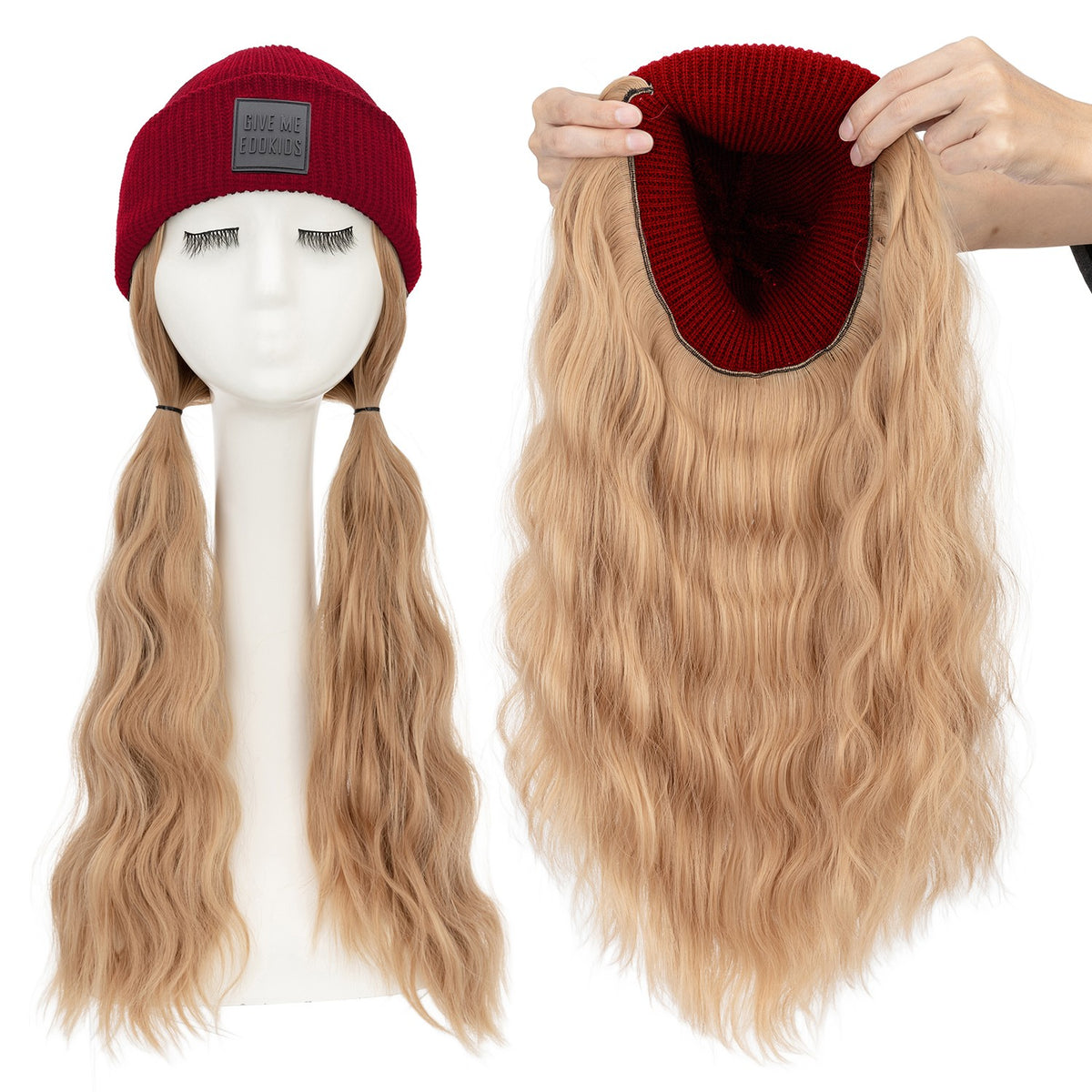 Winter Knit Beanie Hat with Attached Hair for Women - Warm Water Wave Style