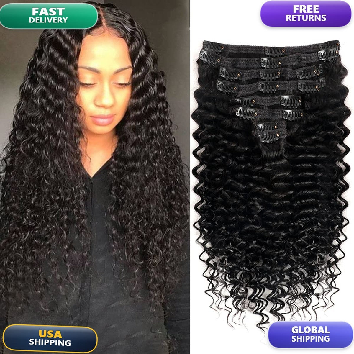 Deep Wave Clip-In Hair Extensions 8 Pieces 22 Inch Natural Black