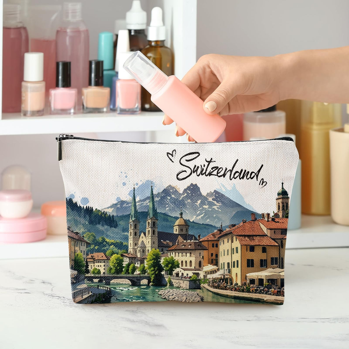 Switzerland Travel Souvenir Makeup Bag - Zurich Lausanne Swiss Alps Gift