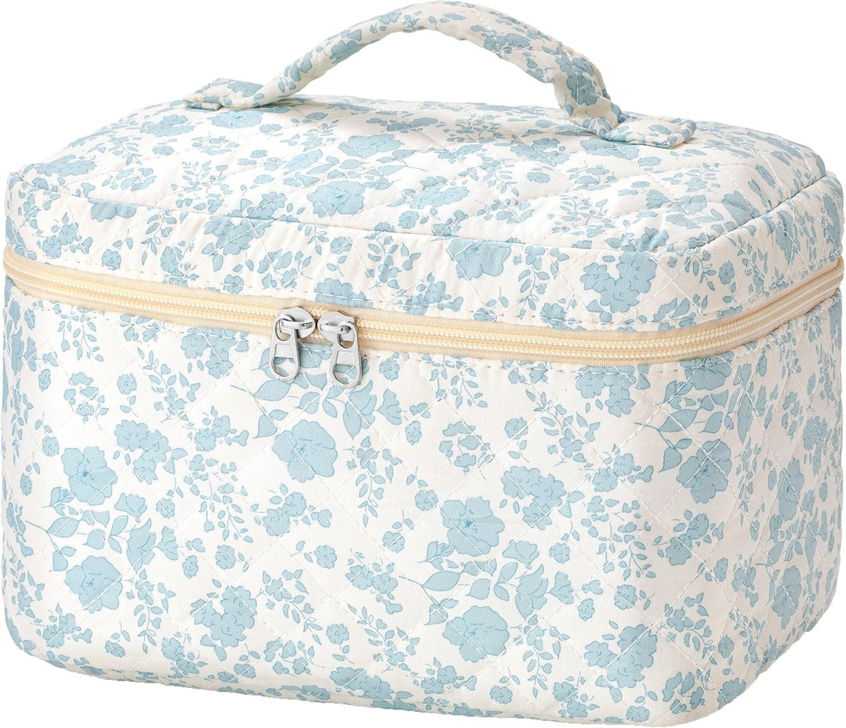 Large Quilted Travel Makeup Bag with Handle - Cotton Cosmetic Organizer