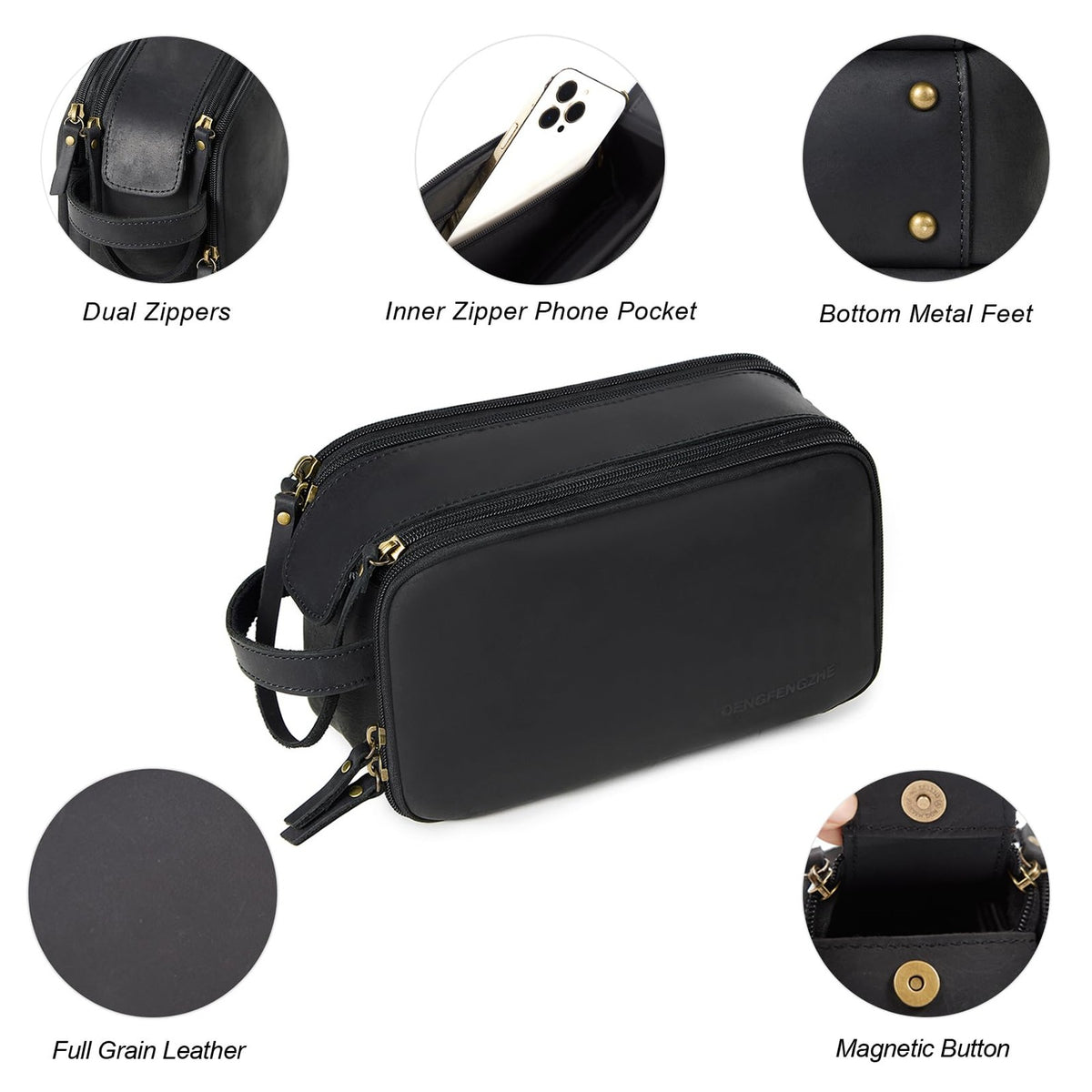 Men's Full Grain Leather Travel Toiletry Bag - Water-Resistant Shaving Kit