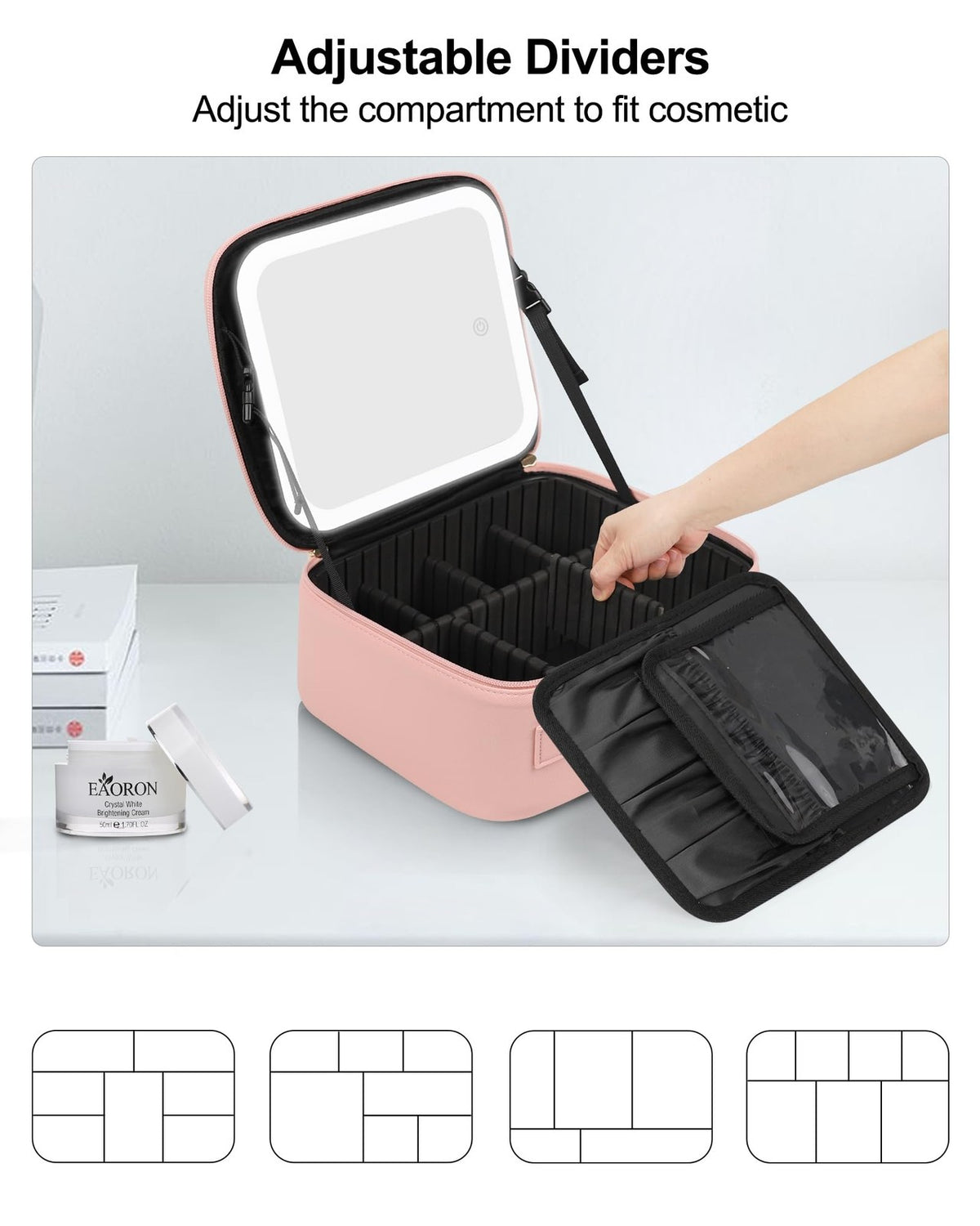 LED Mirror Makeup Bag with Adjustable Dividers, Waterproof Travel Cosmetic Organizer for Women & Girls
