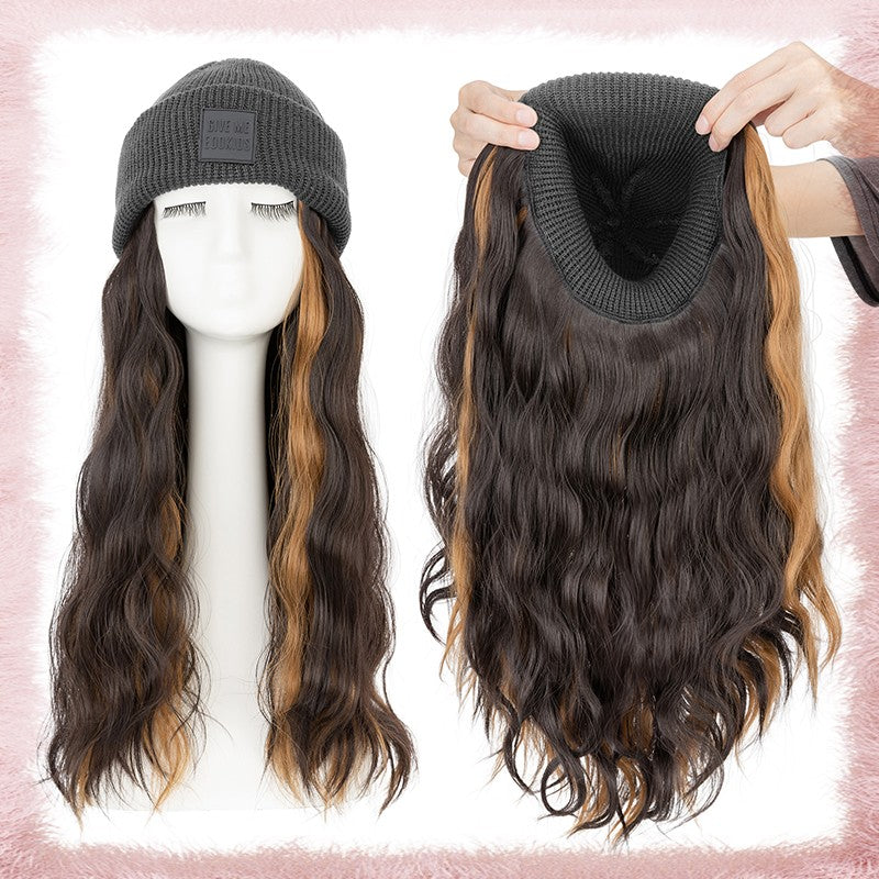 Women Knitted Wavy Wig Winter Beanie Hat - Long Curly Synthetic Hair