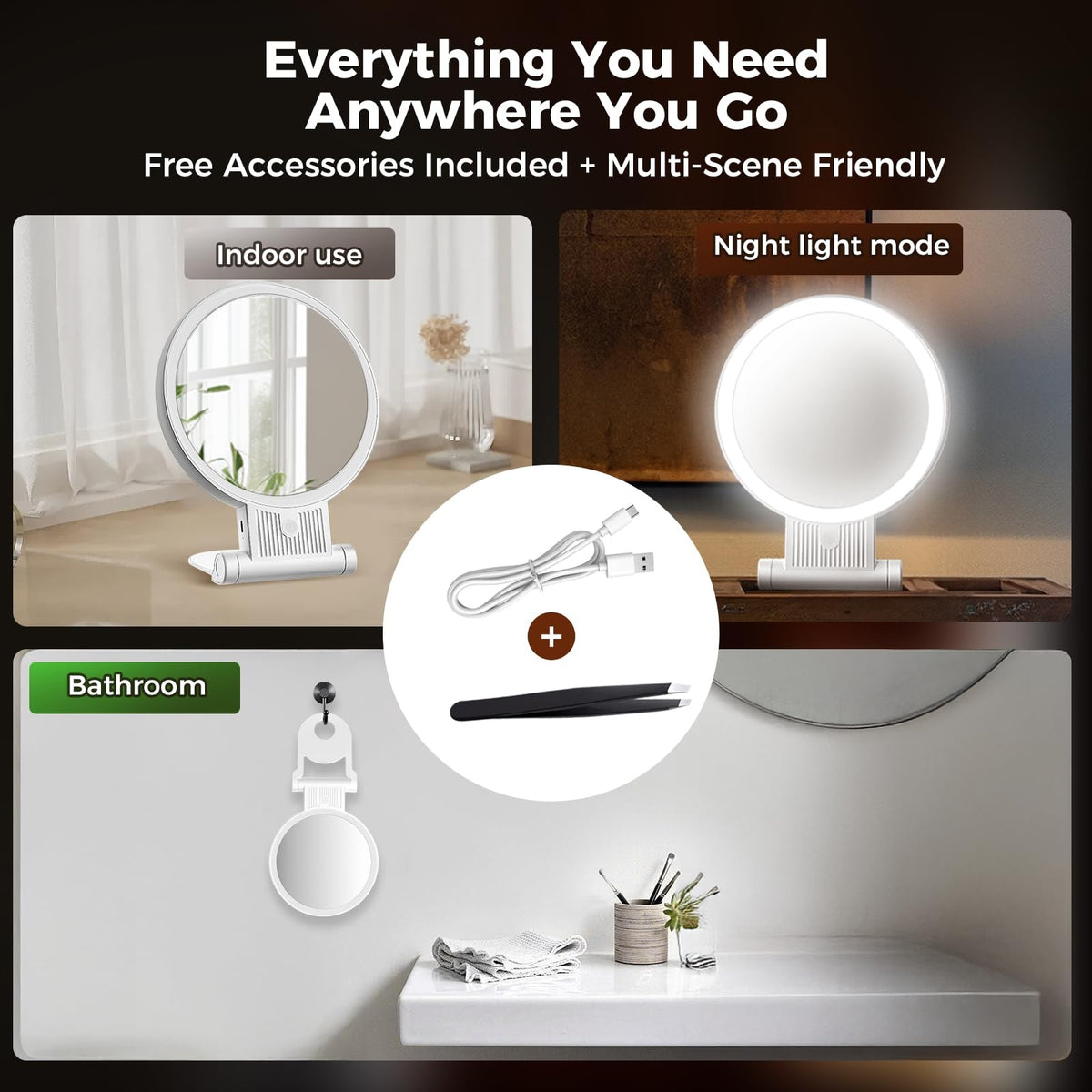 Lighted Double-Sided Makeup Mirror with 30X Magnification & Adjustable Brightness