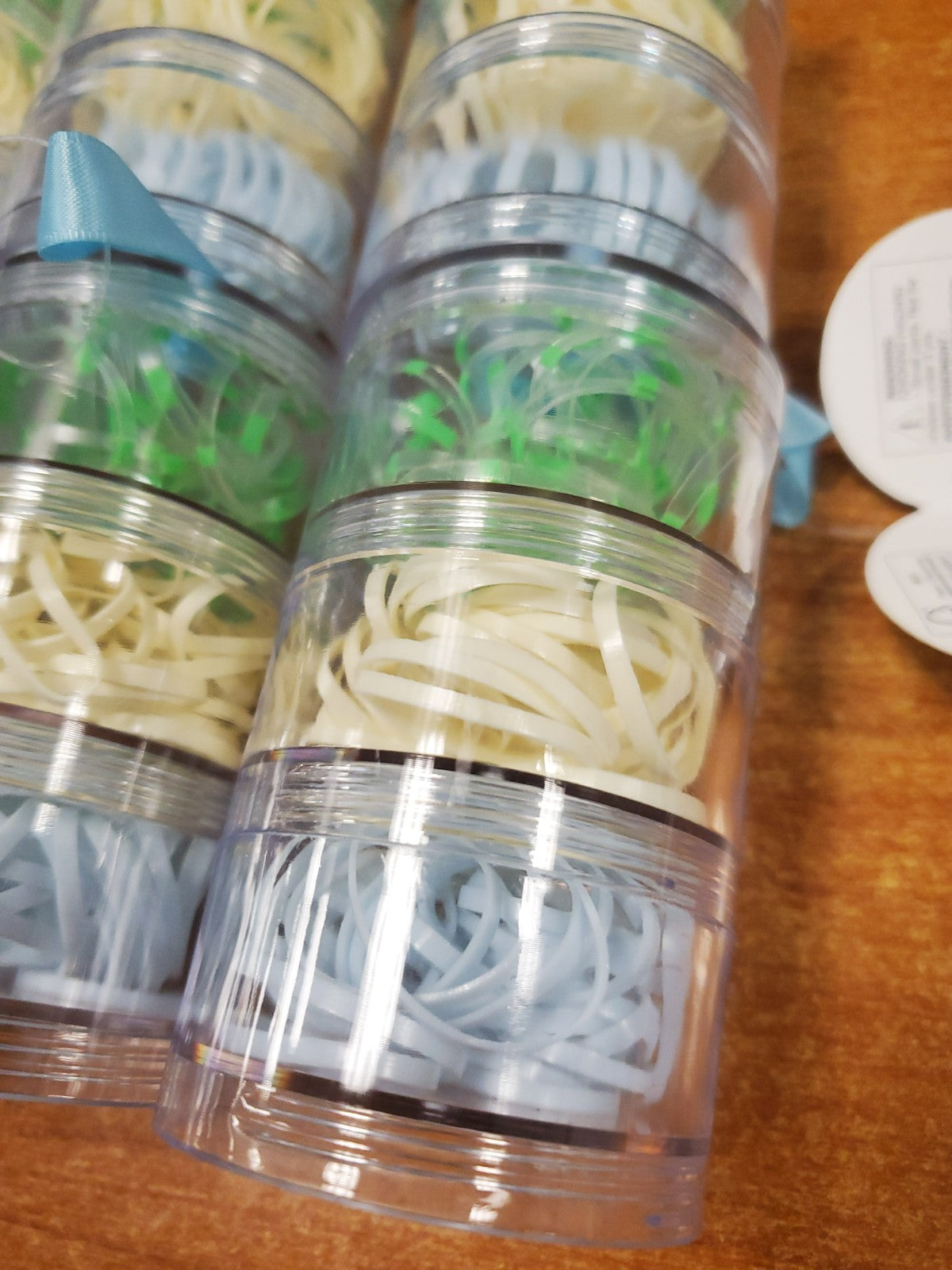 6 Tubes of 120: Scunci Poly Hair Bands *Green/White/Blue* (6143) R9P6a