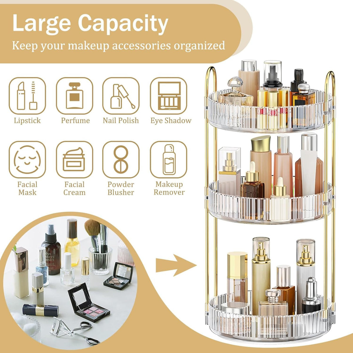 Rotating Makeup Organizer for Vanity, 3 Tiers, Clear, Adjustable Storage