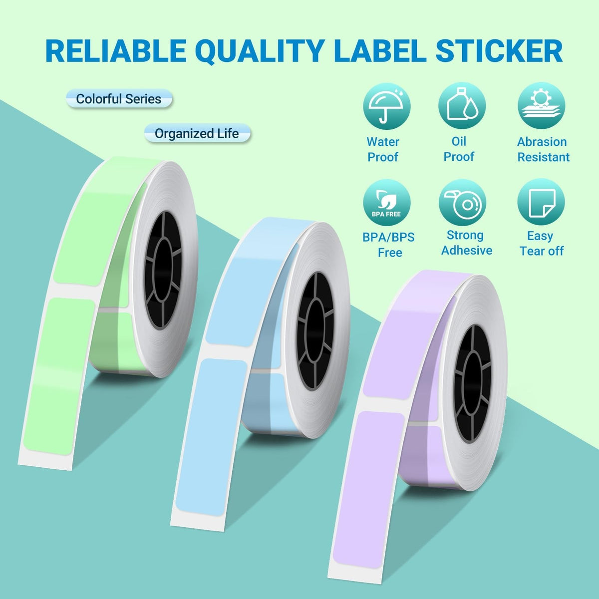 Thermal Label Maker Tape 0.47×1.57 Inch, Eco-Friendly Waterproof Labels - Green, Purple, Blue, 160 Labels/Roll, 3 Rolls