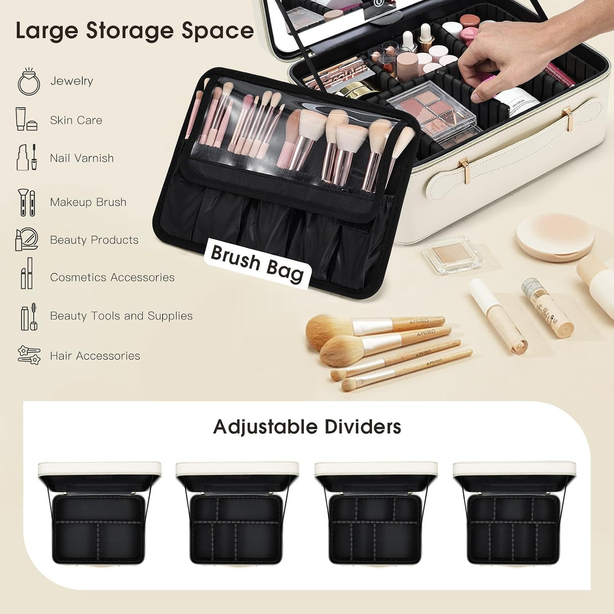 Travel Makeup Bag with LED Lighted Mirror and Waterproof Leather Storage Case