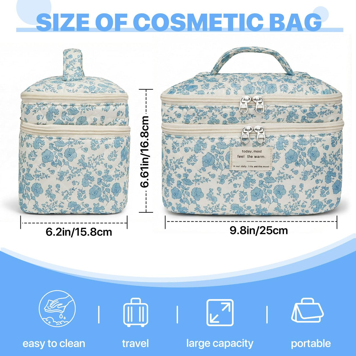 Large Floral Makeup Bag - 10x6x5.5 Inches, Blue Flower Design