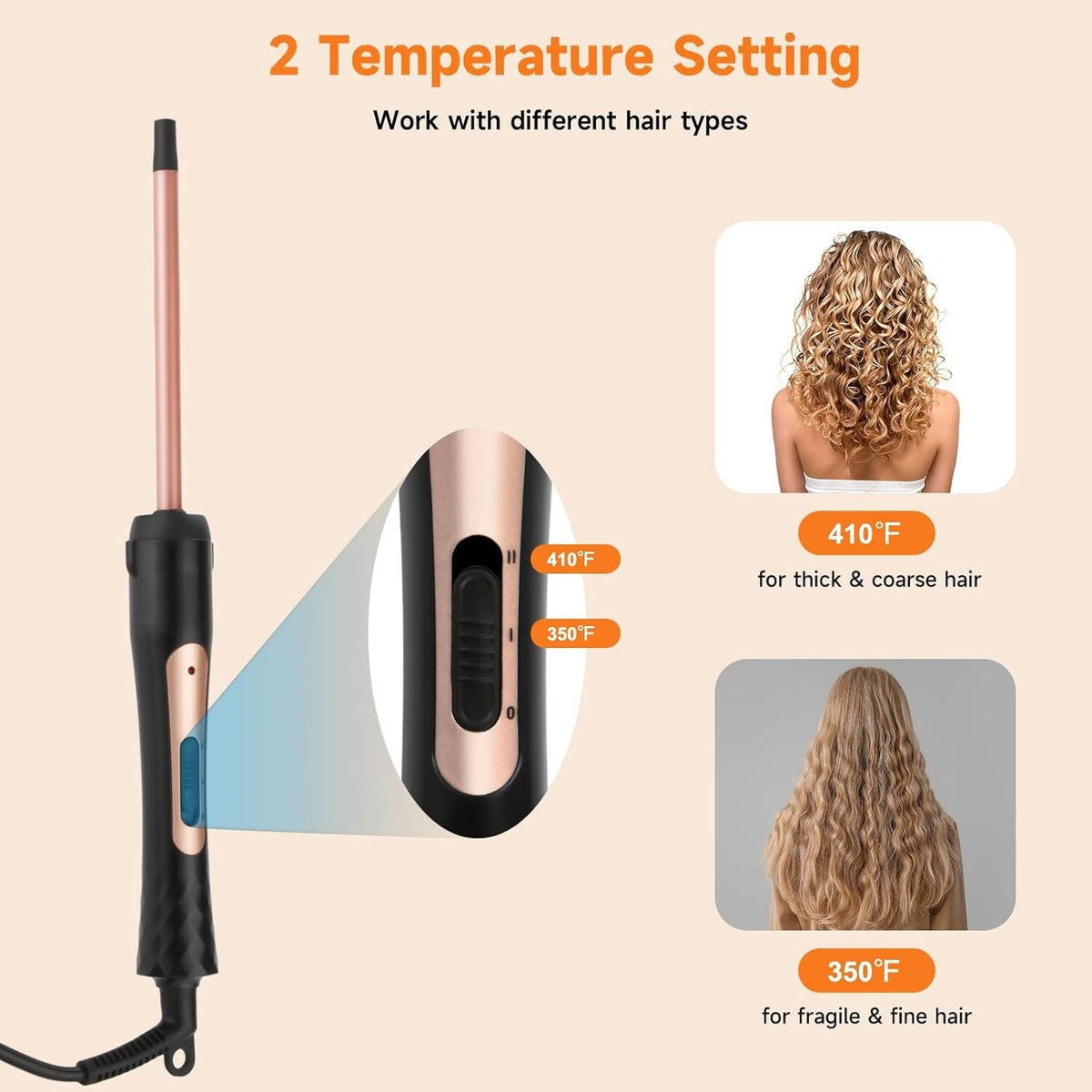 3/8 Inch Curling Wand for Tight Curls, Tourmaline Ceramic, Rose Pink