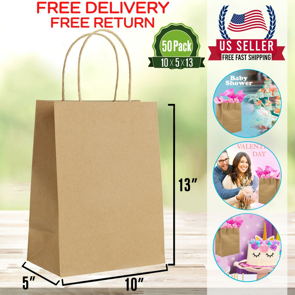 Brown Kraft Paper Gift Bags with Handles - Bulk Pack of 50