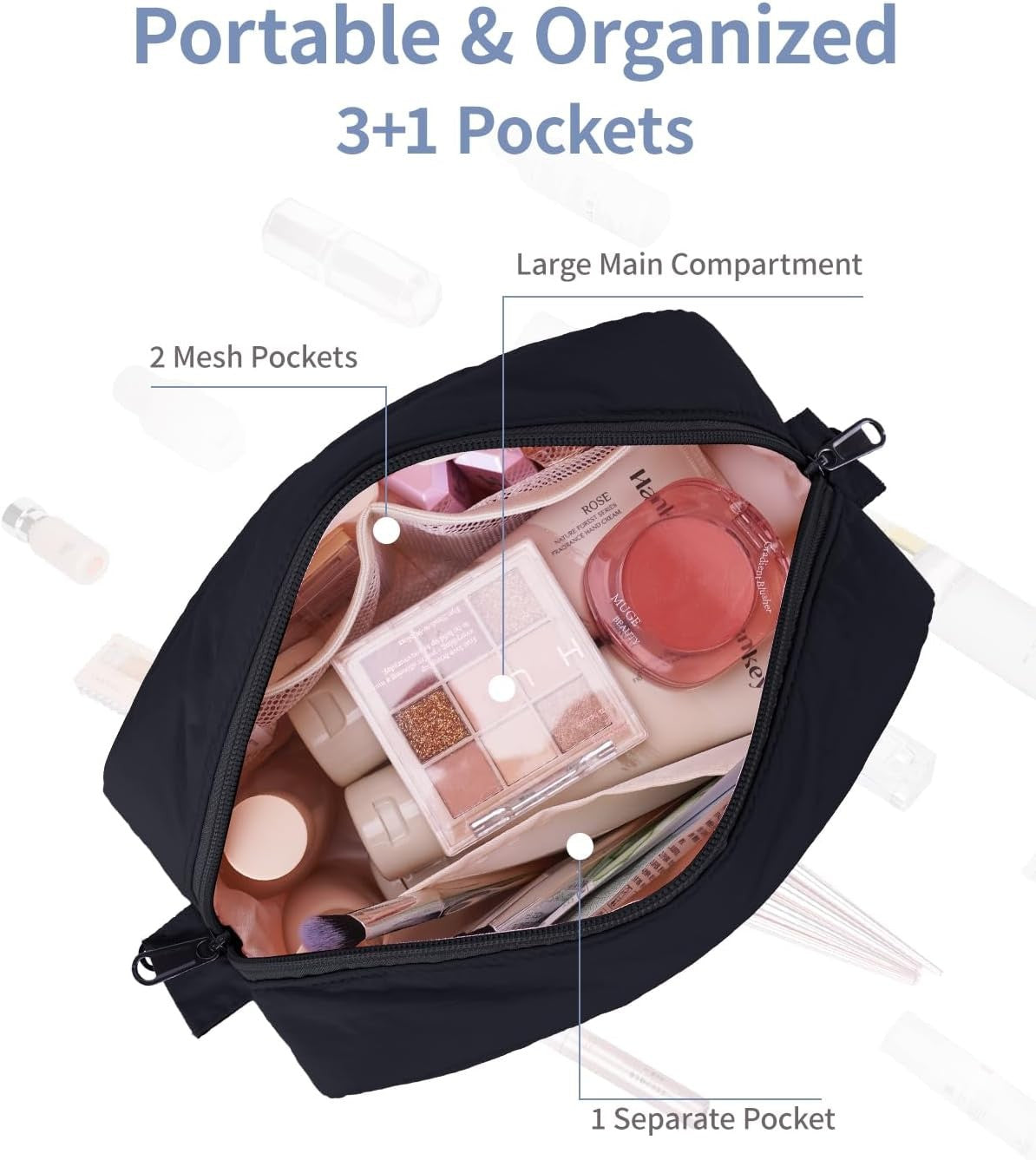 Travel Makeup Bag for Women and Girls, Quilted Cosmetic Organizer, Water-Resistant Puffer Bag