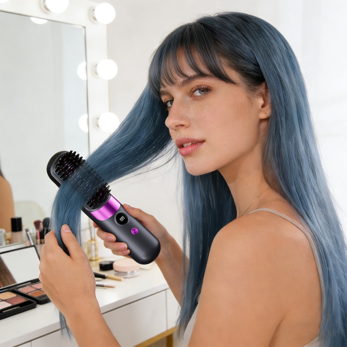Portable Rechargeable Black Hair Straightening Brush with Digital Display
