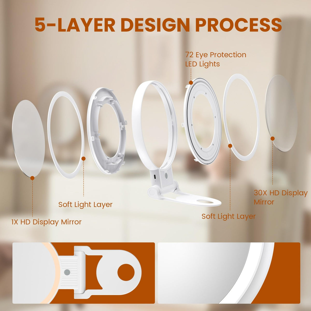 Lighted Makeup Mirror with 1X/30X Magnification, 3-Color LED, Rechargeable