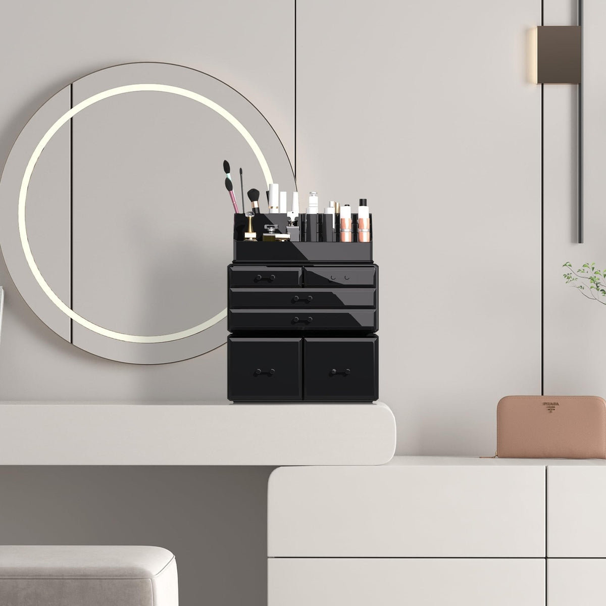 3-Piece Makeup Organizer with 6 Drawers - Black Cosmetic Storage Case