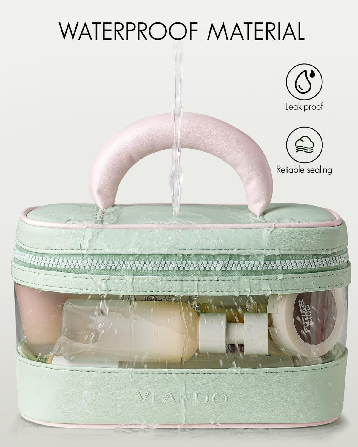 Large Waterproof Travel Makeup Bag for Women and Girls - Mint Green